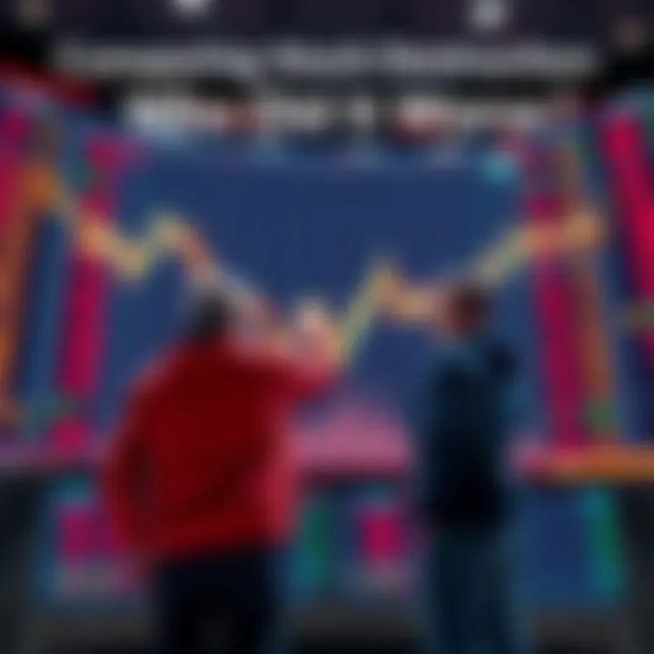 Two individuals standing in front of a stock market display, pointing at falling stock graphs, indicating a debate over stock destruction.