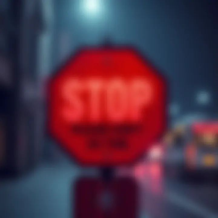 A stop sign with a warning message about avoiding harmful actions