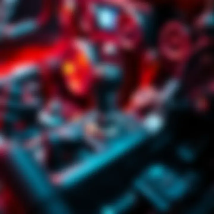 A close-up view of a colorful stopmotion setup featuring a gearshift in motion, showcasing various artistic elements.