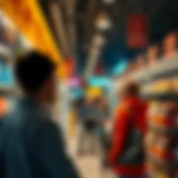 People looking at a store display with fresh items and new products on shelves