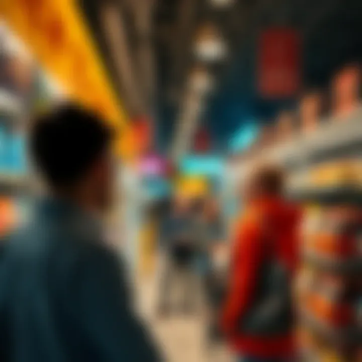 People looking at a store display with fresh items and new products on shelves