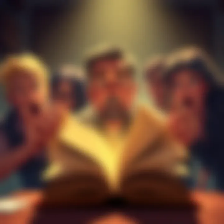 Storytelling Twist A dramatic scene illustrating a character facing an unexpected plot twist, with surprised expressions and an open book symbolizing storytelling.