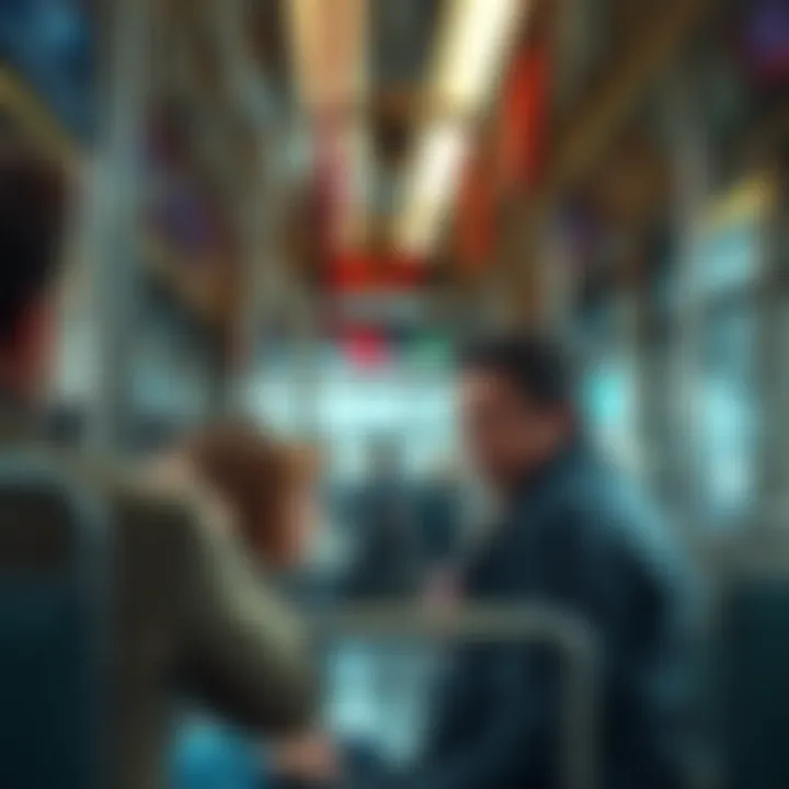 A streetcar scene showing a character reacting to an unusual event while passengers look on curiously.
