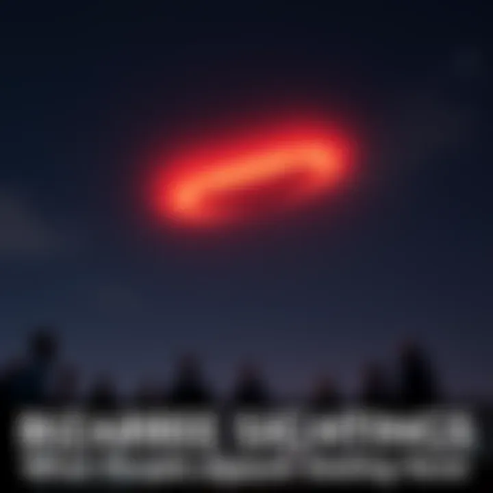 A strange glowing object hovering in the night sky with curious onlookers below.