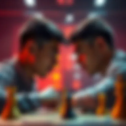 A focused individual plotting their next action while facing a mirror image of themselves, symbolizing an opponent who copies every move