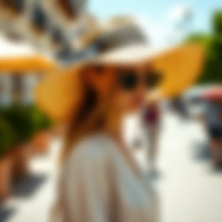 A stylish woman wearing a wide-brimmed straw hat while walking on a sunny day, showcasing the latest fashion trend.