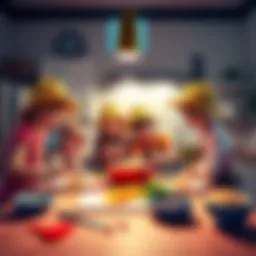 A group of friends making Straw Hat rice krispy treats together in a kitchen, with colorful ingredients spread out on the counter.