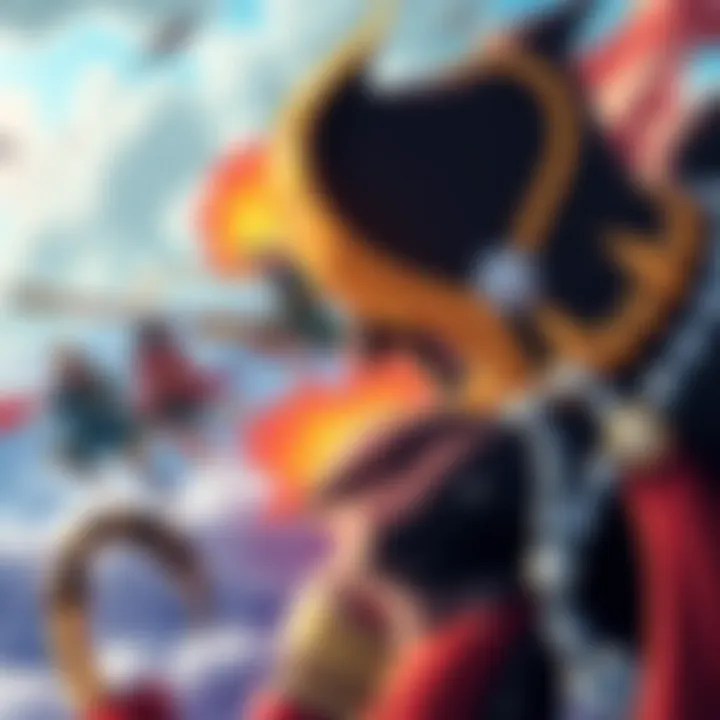 The Straw Hats crew, with allies Loki and Yamato, clash with Marineford forces led by Akainu and Vice Admirals in an epic fight at sea.