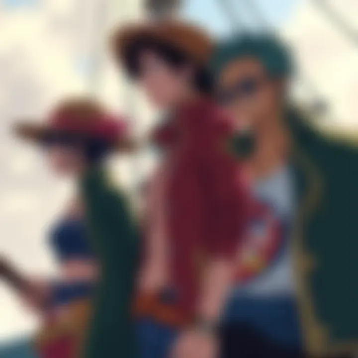 The Strawhat crew members standing together with prominent characters like Robin and Nami in focus, while Usopp is depicted off to the side, showing contrasting dynamics.