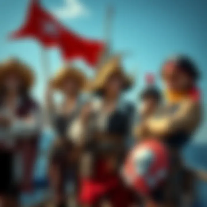 A group of people dressed in pirate attire, wearing straw hats and holding flags, showing a mix of emotions about belonging to a fandom, standing near a ship on the ocean.