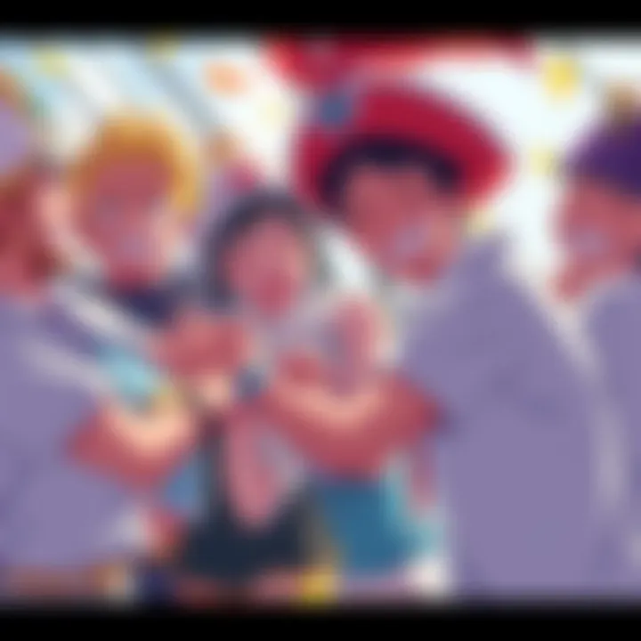The Strawhats celebrate together, showing their unique bonds and cheerful interactions, with smiles and gestures reflecting their camaraderie.
