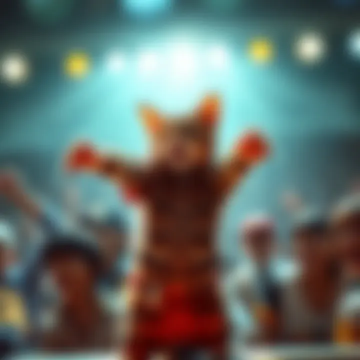 Stray cat performing at championship A talented stray cat impresses the crowd with its tricks at the Death Note Party Trick Championship, surrounded by lively audience members.