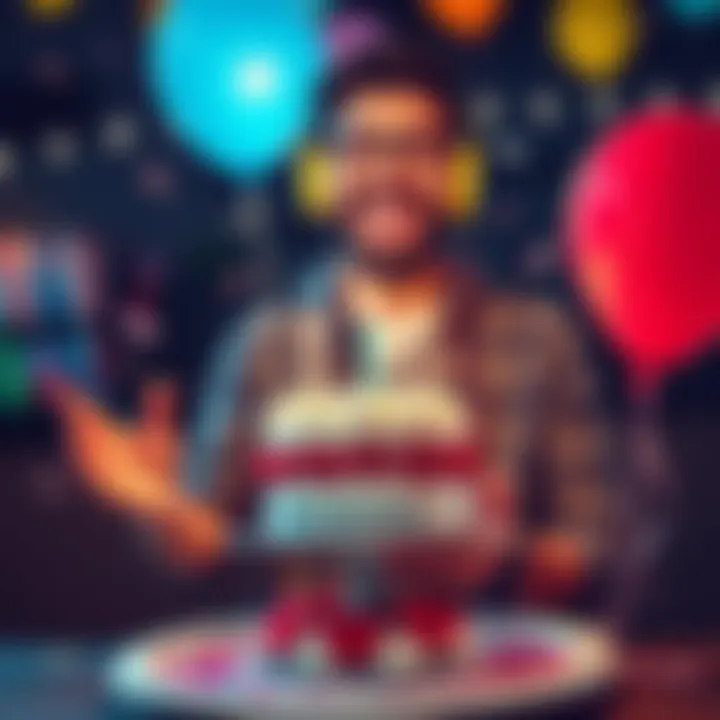 Streamer celebrating 250 followers Streamer with a big smile holding a cake and balloons, surrounded by chat messages of congratulations from viewers