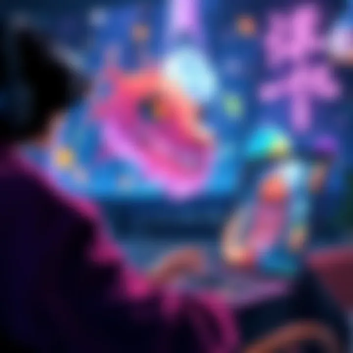 A person watching anime on a laptop with colorful anime visuals on the screen