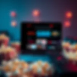 A laptop screen showing different streaming platforms with SBR highlighted, surrounded by popcorn and a remote control