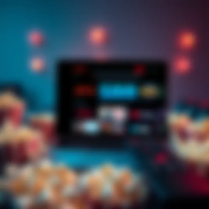 A laptop screen showing different streaming platforms with SBR highlighted, surrounded by popcorn and a remote control