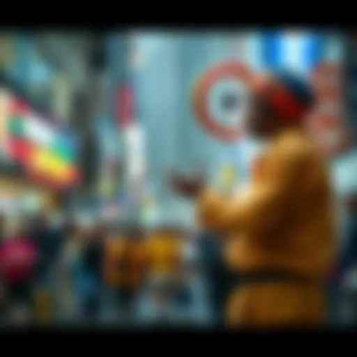 Street Performer in Action A street performer with colorful clothing entertains a crowd in a busy urban setting, showcasing skills like juggling and acrobatics.