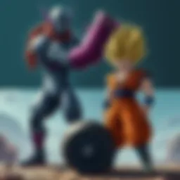 Strength Comparison of MGR Raiden and DBS Vegeta MGR Raiden lifting an enormous weight, with DBS Vegeta in a battle stance nearby, showcasing their strength and power levels.