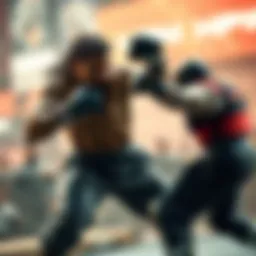 A scene depicting a strong fighter bracing for impact against a fast opponent in a combat setting.