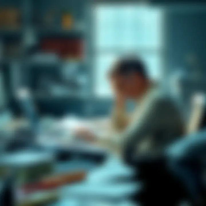An overwhelmed employee sits at a cluttered desk covered with papers and a laptop, looking stressed and fatigued