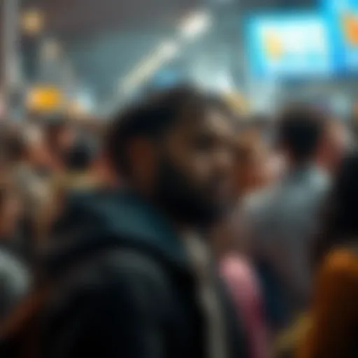 Individual looking overwhelmed in a busy setting with people around