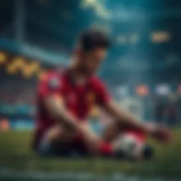 A dejected football striker sitting on the ground after a heavy loss, showing disappointment and frustration