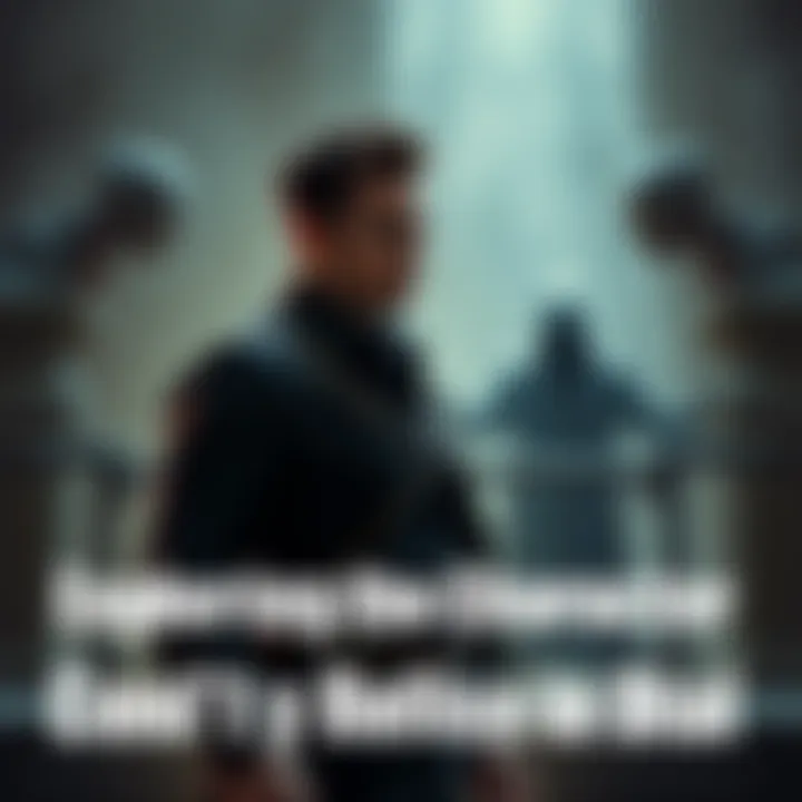 Strong character, with a confident posture, standing in front of a shadowy figure offering a deal, showing tension in the scene.