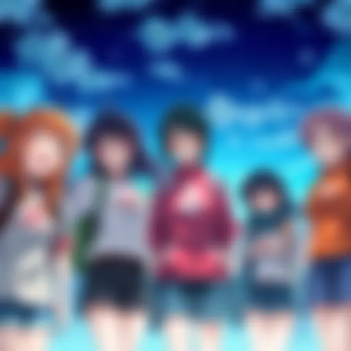 A group of strong female anime characters in a vibrant setting, showcasing their adventures together with warm smiles.