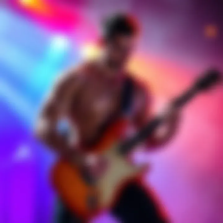 A muscular man playing an electric guitar, symbolizing strength and power in music, surrounded by vibrant colors