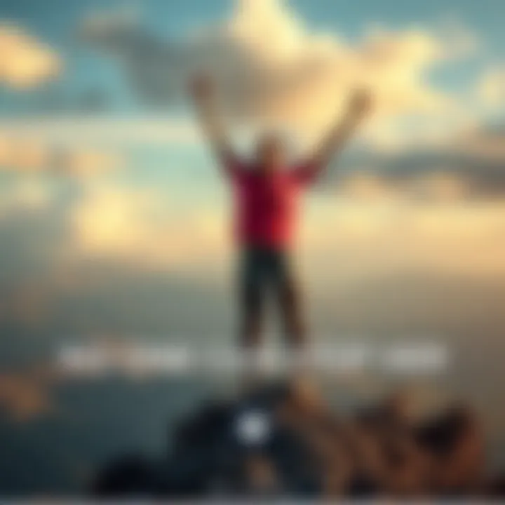 A determined woman standing strong on a mountain peak, arms raised in victory, symbolizing resilience and triumph over adversity.