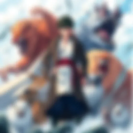 A powerful anime character, Keiji, stands confidently with various strong animals around him, showcasing their might in a dynamic scene.