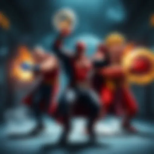 Three powerful characters demonstrating their strength with striking and lifting abilities in an action-packed scene.