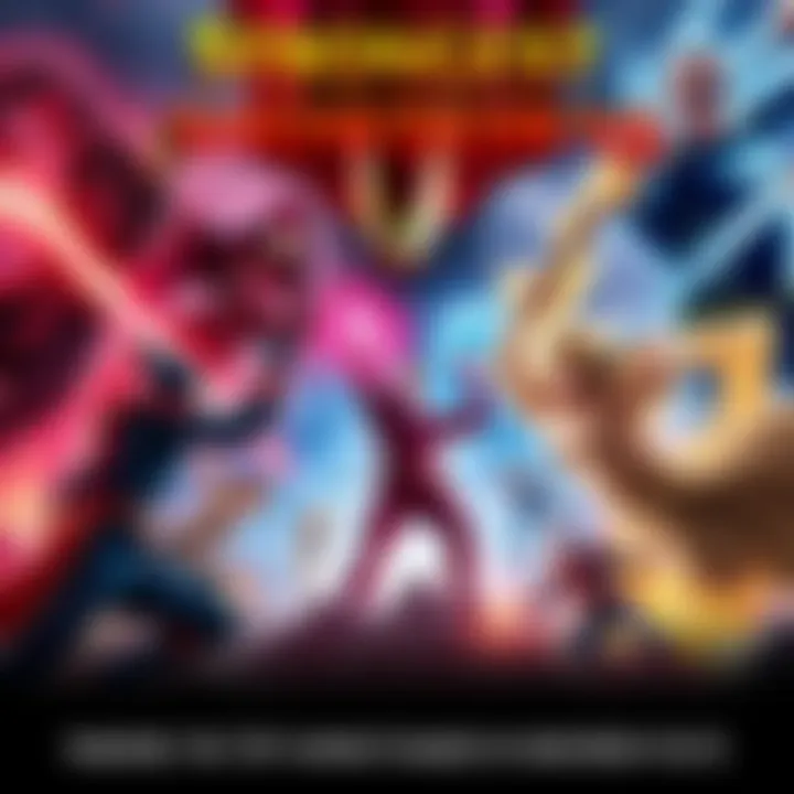 A visual battle scene featuring various iconic characters showcasing their powerful abilities against each other.
