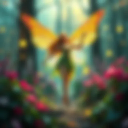 A powerful fairy with glowing wings stands confidently in a vibrant forest, surrounded by enchanted flowers and sparkling light.
