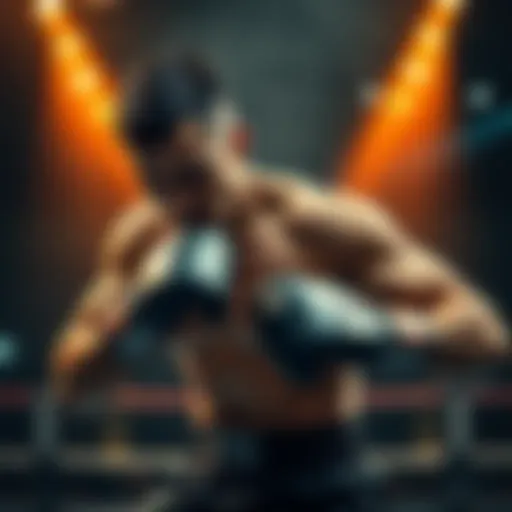 A fierce fighter in a dynamic pose showcasing strength and determination in a combat sports arena.