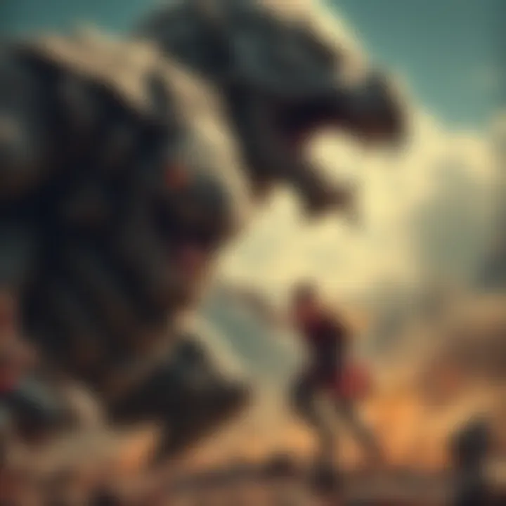 A warrior facing a large, fierce enemy in a combat setting, showcasing determination and skill.