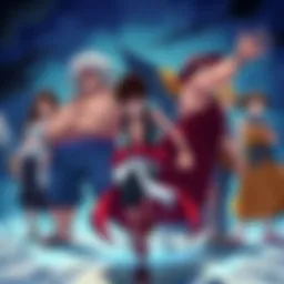 An illustration showcasing a group of strong characters from One Piece, displaying their raw strength without any powers or abilities.