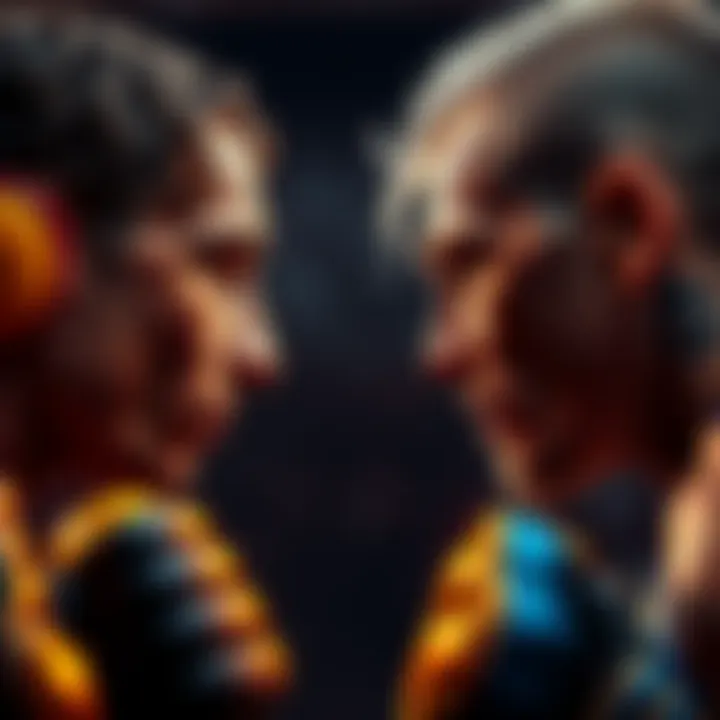 Two competitors face each other in an intense struggle-off competition, showing determination and focus.