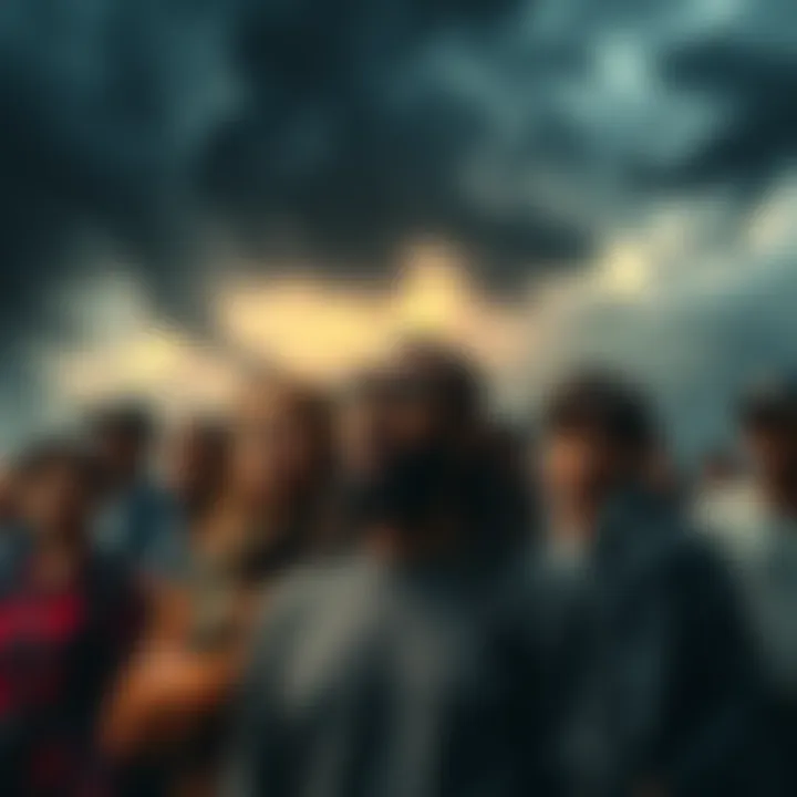 Struggling with Tough Times A group of people looking concerned, standing in front of a dark stormy sky, symbolizing current challenges.