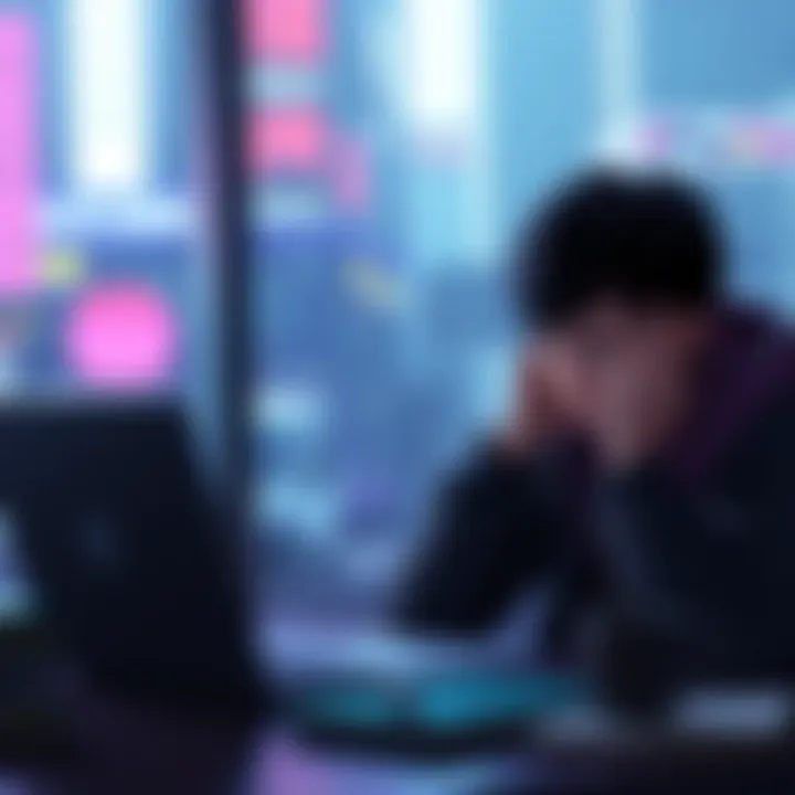 A student looking frustrated while searching online for free streaming options of Tokyo Ghoul, with a laptop and notes around him.