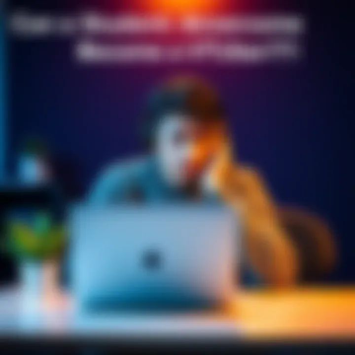 A student sitting at a desk with a laptop, looking thoughtfully at the screen while wearing headphones, symbolizing their journey to become a VTuber.