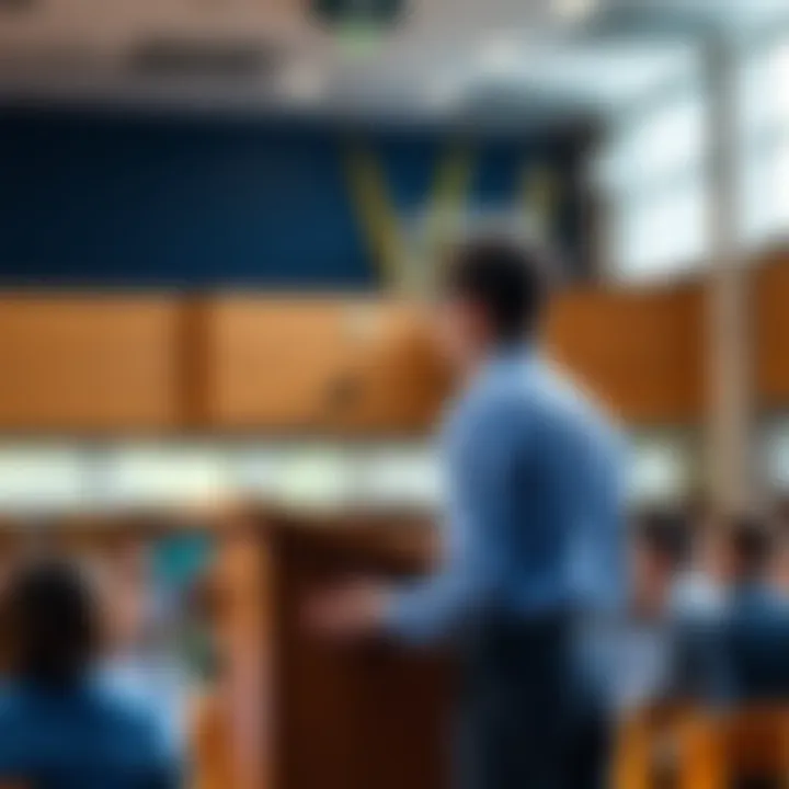 A student council president stands at a podium addressing fellow students during a school assembly, representing student leadership and influence.