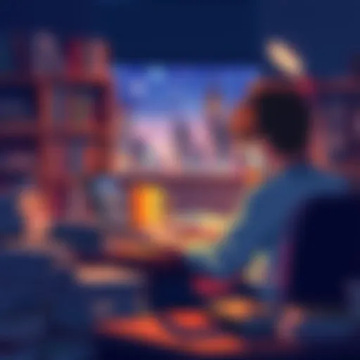 A student sits at a desk surrounded by books, focusing on a laptop showing an anime series, reflecting the balance between studying for finals and enjoying a favorite show.