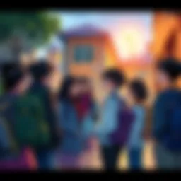 A group of students gather outside their school, sharing laughs and talking about their day, with backpacks on their shoulders.