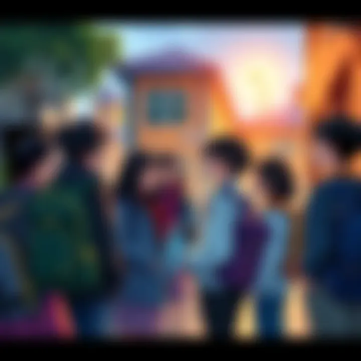 A group of students gather outside their school, sharing laughs and talking about their day, with backpacks on their shoulders.