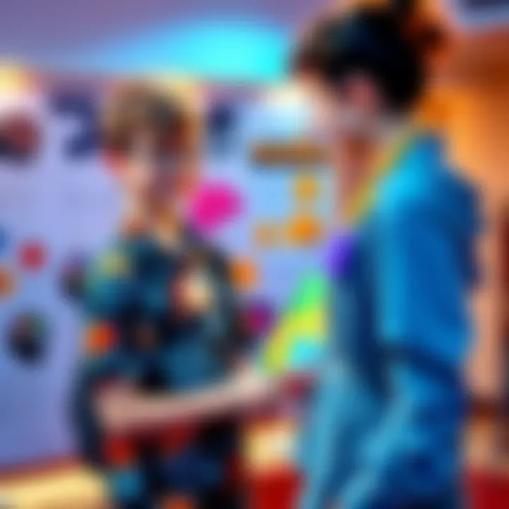 A student presents her artistic final project for AP Psychology, showcasing colorful representations of psychological concepts to her amazed tutor.