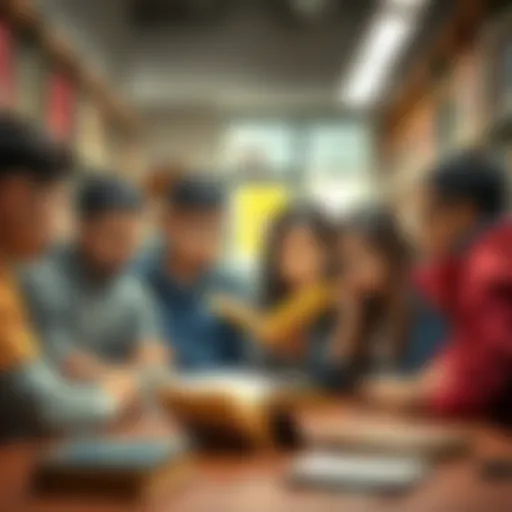 A group of students gathered around a table, examining a rare book found in their school library, with curious expressions on their faces.