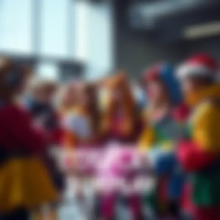 A group of students in colorful costumes discussing their cosplay experiences for a survey.