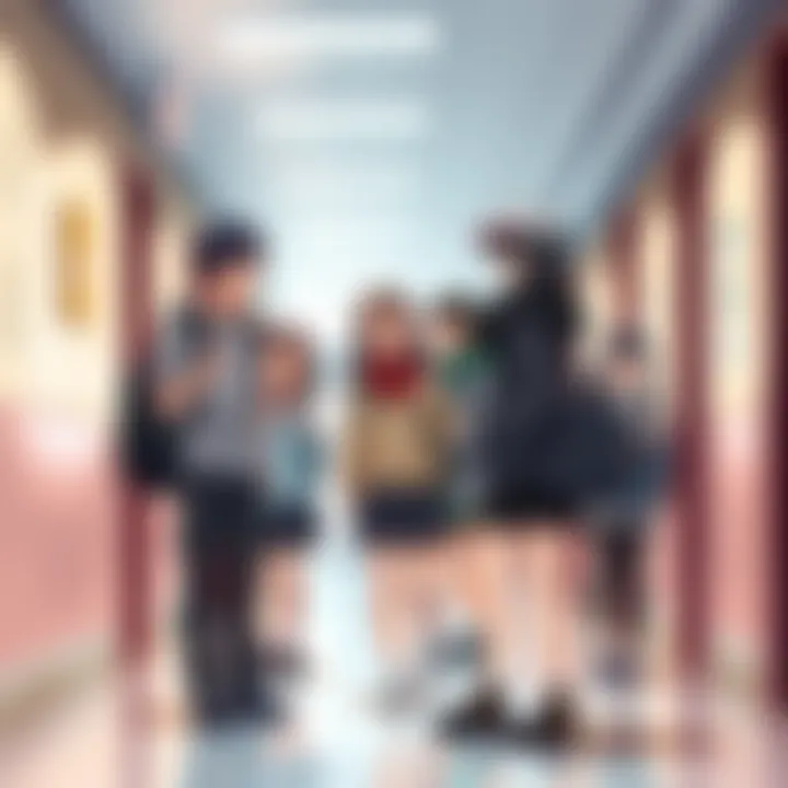 A group of students laughing and chatting in a school hallway, sharing a moment of friendship and everyday life.