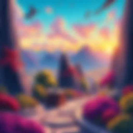 A colorful scene showcasing beautiful background art from pre-2000 anime series, featuring lush landscapes and vibrant colors